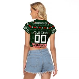 Personalized South Sydney Rabbitohs Christmas Raglan Cropped T Shirt Australian Rugby Fans - Pixelated Ugly Xmas Pattern Mascot Santa