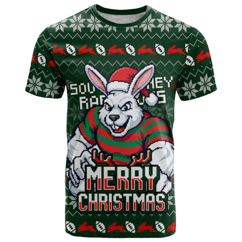 Personalized South Sydney Rabbitohs Christmas T Shirt Australian Rugby Fans - Pixelated Ugly Xmas Pattern Mascot Santa