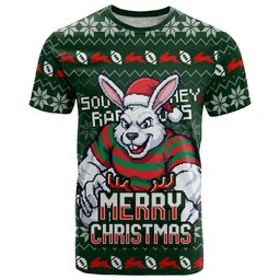 Personalized South Sydney Rabbitohs Christmas T Shirt Australian Rugby Fans - Pixelated Ugly Xmas Pattern Mascot Santa