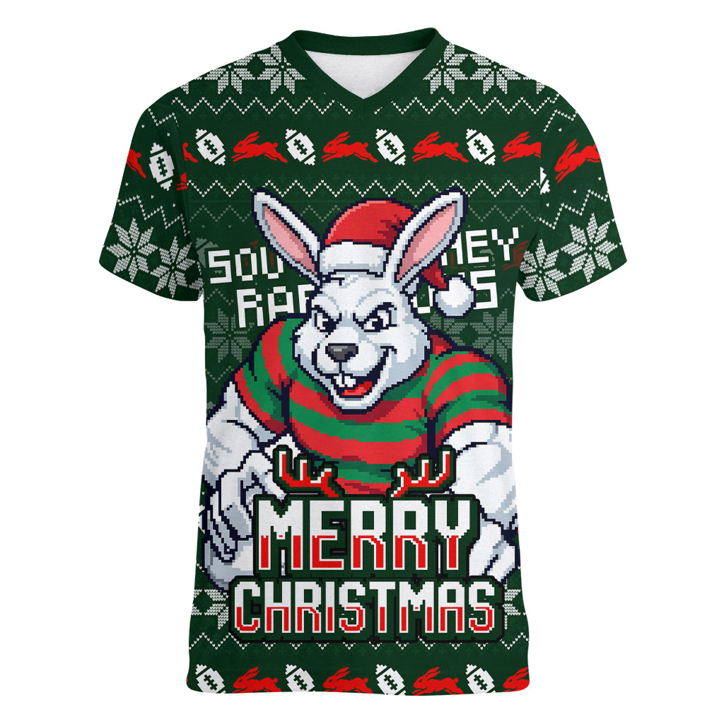 Personalized South Sydney Rabbitohs Christmas Women V-Neck T-Shirt Australian Rugby Fans - Pixelated Ugly Xmas Pattern Mascot Santa