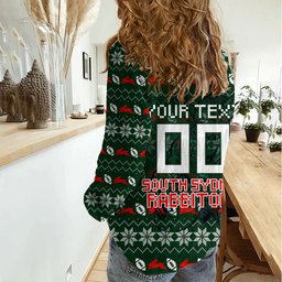 Personalized South Sydney Rabbitohs Christmas Women Casual Shirt Australian Rugby Fans - Pixelated Ugly Xmas Pattern Mascot Santa