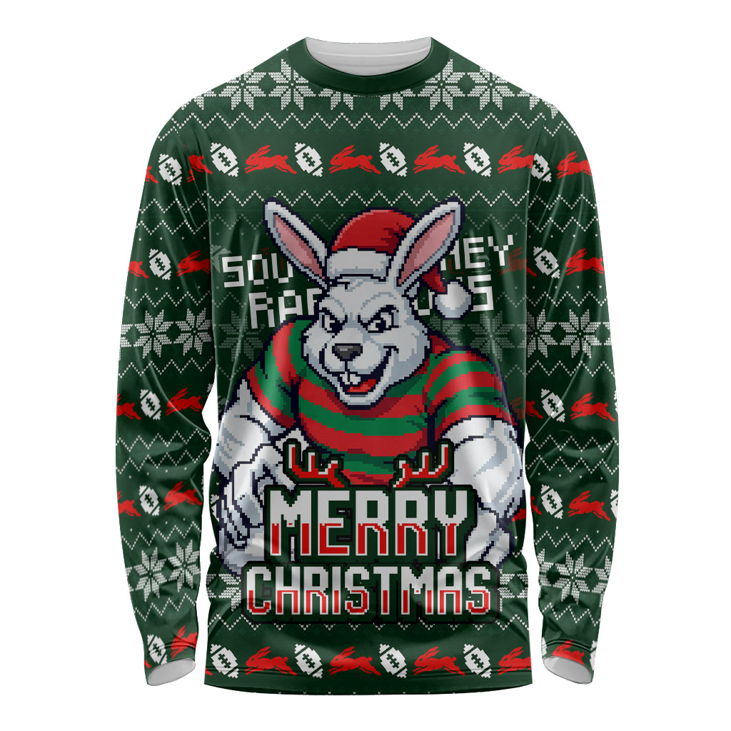 Personalized South Sydney Rabbitohs Christmas Long Sleeve Shirt Australian Rugby Fans - Pixelated Ugly Xmas Pattern Mascot Santa