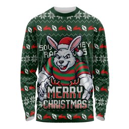 Personalized South Sydney Rabbitohs Christmas Long Sleeve Shirt Australian Rugby Fans - Pixelated Ugly Xmas Pattern Mascot Santa