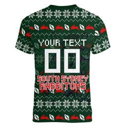 Personalized South Sydney Rabbitohs Christmas Women V-Neck T-Shirt Australian Rugby Fans - Pixelated Ugly Xmas Pattern Mascot Santa