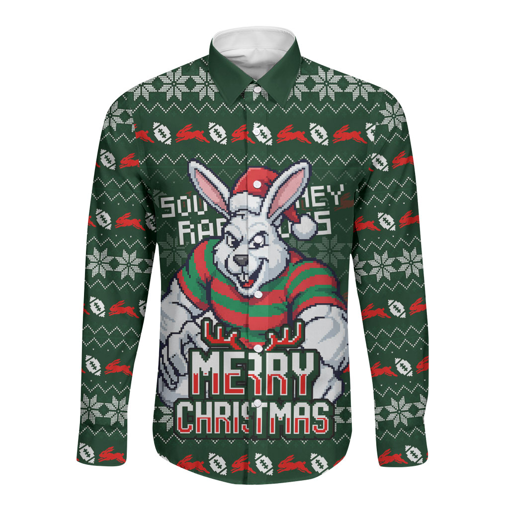 Personalized South Sydney Rabbitohs Christmas Long Sleeve Button Shirt Australian Rugby Fans - Pixelated Ugly Xmas Pattern Mascot Santa