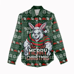 Personalized South Sydney Rabbitohs Christmas Women Casual Shirt Australian Rugby Fans - Pixelated Ugly Xmas Pattern Mascot Santa