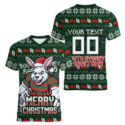 Personalized South Sydney Rabbitohs Christmas Women V-Neck T-Shirt Australian Rugby Fans - Pixelated Ugly Xmas Pattern Mascot Santa