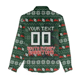 Personalized South Sydney Rabbitohs Christmas Women Casual Shirt Australian Rugby Fans - Pixelated Ugly Xmas Pattern Mascot Santa