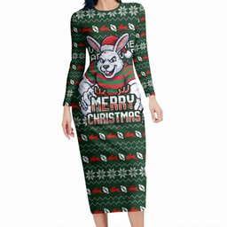 Personalized South Sydney Rabbitohs Christmas Long Sleeve Bodycon Dress Australian Rugby Fans - Pixelated Ugly Xmas Pattern Mascot Santa