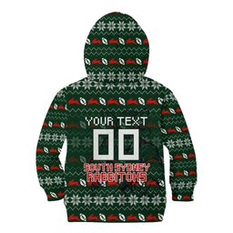 Personalized South Sydney Rabbitohs Christmas Kid Hoodie Australian Rugby Fans - Pixelated Ugly Xmas Pattern Mascot Santa
