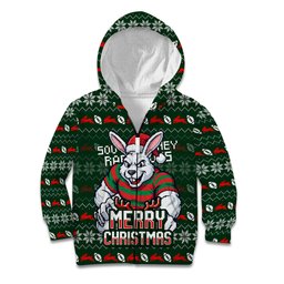 Personalized South Sydney Rabbitohs Christmas Kid Hoodie Australian Rugby Fans - Pixelated Ugly Xmas Pattern Mascot Santa