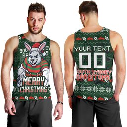 Personalized South Sydney Rabbitohs Christmas Men Tank Top Australian Rugby Fans - Pixelated Ugly Xmas Pattern Mascot Santa