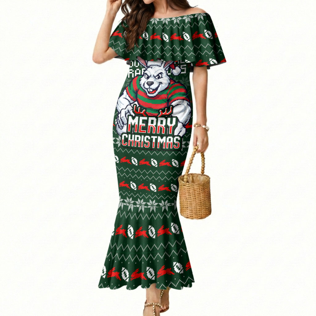 Personalized South Sydney Rabbitohs Christmas Mermaid Dress Australian Rugby Fans - Pixelated Ugly Xmas Pattern Mascot Santa