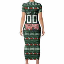 Personalized South Sydney Rabbitohs Christmas Short Sleeve Bodycon Dress Australian Rugby Fans - Pixelated Ugly Xmas Pattern Mascot Santa