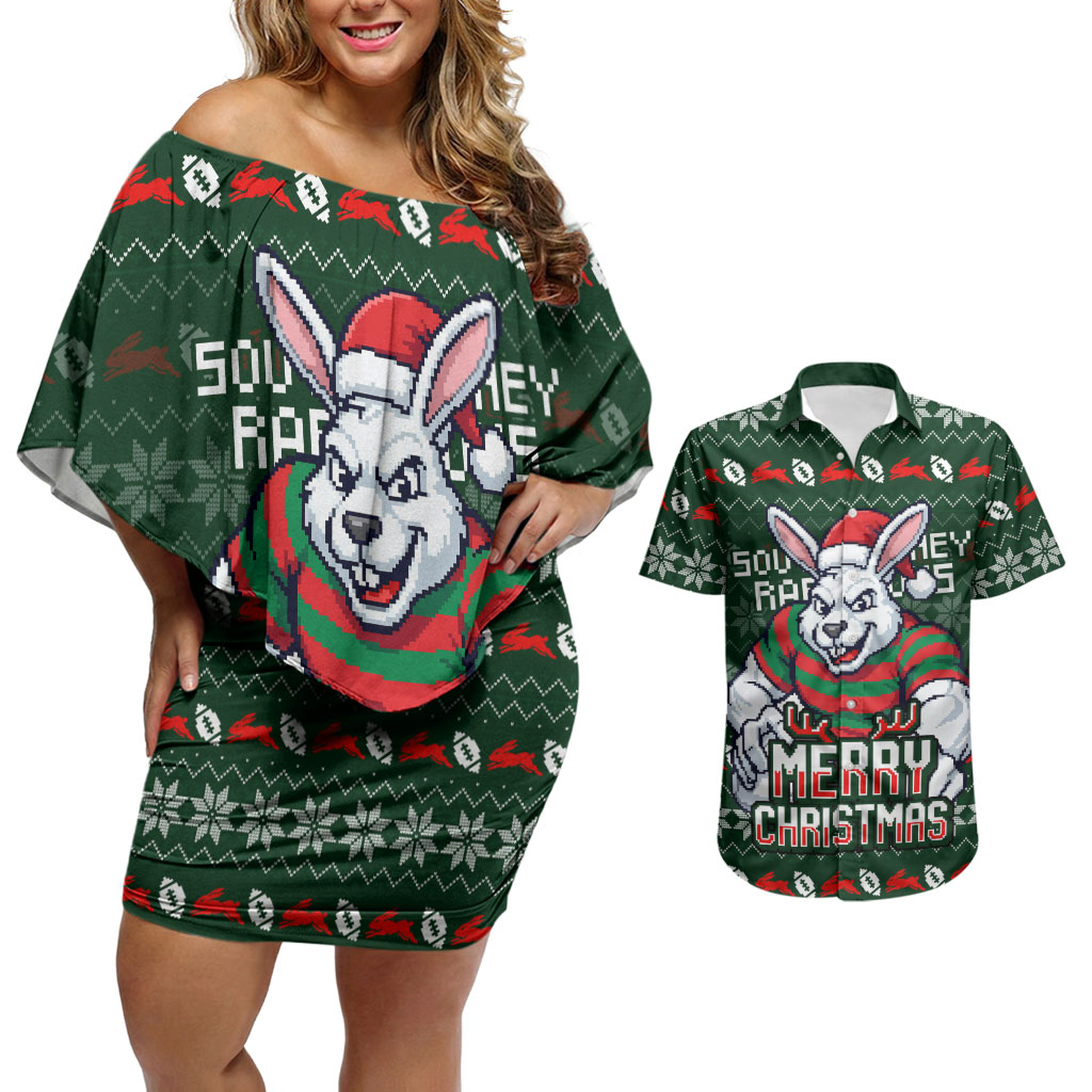 Personalized South Sydney Rabbitohs Christmas Couples Matching Off Shoulder Short Dress and Hawaiian Shirt Australian Rugby Fans - Pixelated Ugly Xmas Pattern Mascot Santa