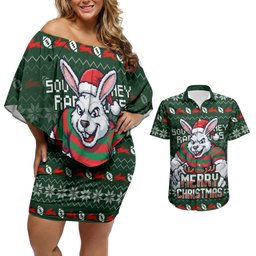 Personalized South Sydney Rabbitohs Christmas Couples Matching Off Shoulder Short Dress and Hawaiian Shirt Australian Rugby Fans - Pixelated Ugly Xmas Pattern Mascot Santa