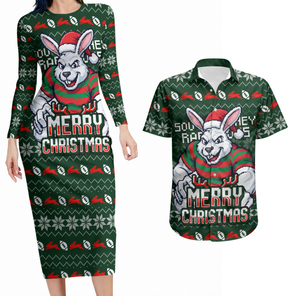 Personalized South Sydney Rabbitohs Christmas Couples Matching Long Sleeve Bodycon Dress and Hawaiian Shirt Australian Rugby Fans - Pixelated Ugly Xmas Pattern Mascot Santa