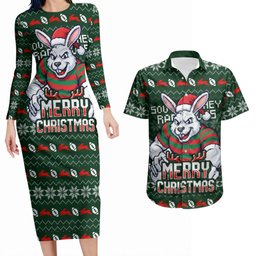 Personalized South Sydney Rabbitohs Christmas Couples Matching Long Sleeve Bodycon Dress and Hawaiian Shirt Australian Rugby Fans - Pixelated Ugly Xmas Pattern Mascot Santa