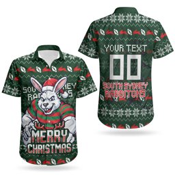 Personalized South Sydney Rabbitohs Christmas Couples Matching Off Shoulder Maxi Dress and Hawaiian Shirt Australian Rugby Fans - Pixelated Ugly Xmas Pattern Mascot Santa