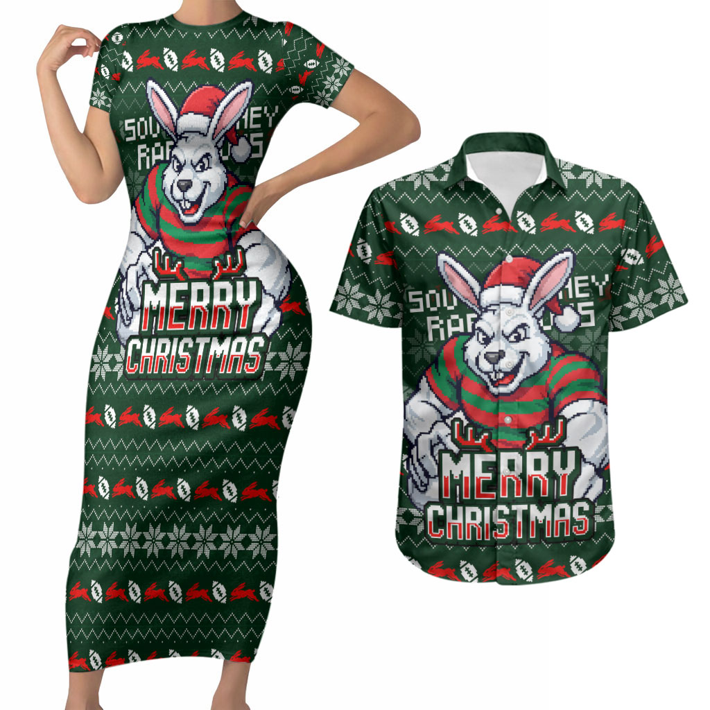 Personalized South Sydney Rabbitohs Christmas Couples Matching Short Sleeve Bodycon Dress and Hawaiian Shirt Australian Rugby Fans - Pixelated Ugly Xmas Pattern Mascot Santa