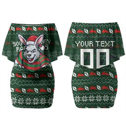 Personalized South Sydney Rabbitohs Christmas Couples Matching Off Shoulder Short Dress and Hawaiian Shirt Australian Rugby Fans - Pixelated Ugly Xmas Pattern Mascot Santa