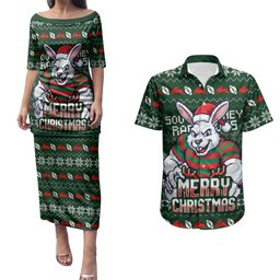 Personalized South Sydney Rabbitohs Christmas Couples Matching Puletasi and Hawaiian Shirt Australian Rugby Fans - Pixelated Ugly Xmas Pattern Mascot Santa