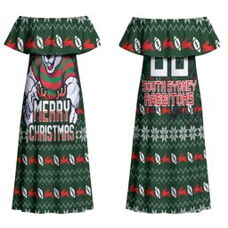 Personalized South Sydney Rabbitohs Christmas Couples Matching Off Shoulder Maxi Dress and Hawaiian Shirt Australian Rugby Fans - Pixelated Ugly Xmas Pattern Mascot Santa