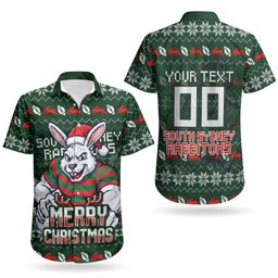 Personalized South Sydney Rabbitohs Christmas Couples Matching Short Sleeve Bodycon Dress and Hawaiian Shirt Australian Rugby Fans - Pixelated Ugly Xmas Pattern Mascot Santa