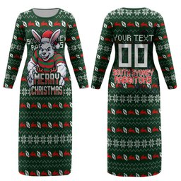 Personalized South Sydney Rabbitohs Christmas Couples Matching Long Sleeve Bodycon Dress and Hawaiian Shirt Australian Rugby Fans - Pixelated Ugly Xmas Pattern Mascot Santa