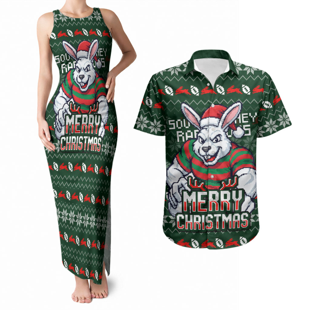 Personalized South Sydney Rabbitohs Christmas Couples Matching Tank Maxi Dress and Hawaiian Shirt Australian Rugby Fans - Pixelated Ugly Xmas Pattern Mascot Santa