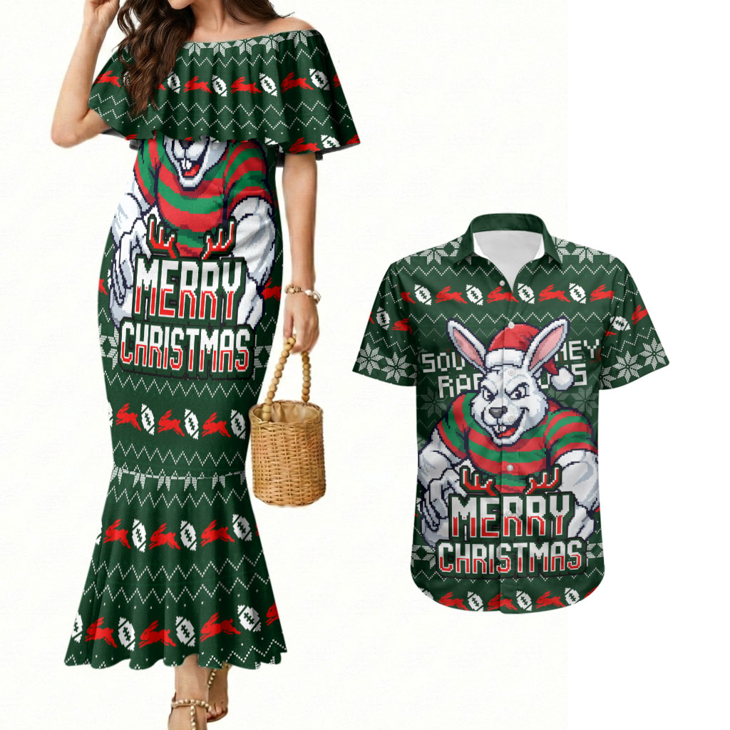Personalized South Sydney Rabbitohs Christmas Couples Matching Mermaid Dress and Hawaiian Shirt Australian Rugby Fans - Pixelated Ugly Xmas Pattern Mascot Santa