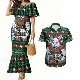 Personalized South Sydney Rabbitohs Christmas Couples Matching Mermaid Dress and Hawaiian Shirt Australian Rugby Fans - Pixelated Ugly Xmas Pattern Mascot Santa