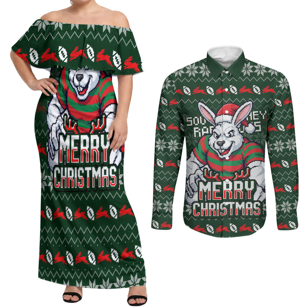 Personalized South Sydney Rabbitohs Christmas Couples Matching Off Shoulder Maxi Dress and Long Sleeve Button Shirt Australian Rugby Fans - Pixelated Ugly Xmas Pattern Mascot Santa