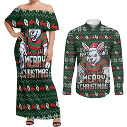 Personalized South Sydney Rabbitohs Christmas Couples Matching Off Shoulder Maxi Dress and Long Sleeve Button Shirt Australian Rugby Fans - Pixelated Ugly Xmas Pattern Mascot Santa