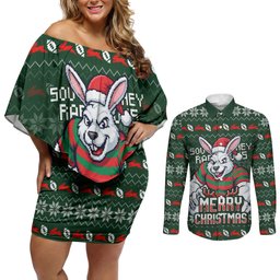 Personalized South Sydney Rabbitohs Christmas Couples Matching Off Shoulder Short Dress and Long Sleeve Button Shirt Australian Rugby Fans - Pixelated Ugly Xmas Pattern Mascot Santa