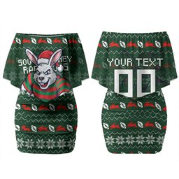 Personalized South Sydney Rabbitohs Christmas Couples Matching Off Shoulder Short Dress and Long Sleeve Button Shirt Australian Rugby Fans - Pixelated Ugly Xmas Pattern Mascot Santa