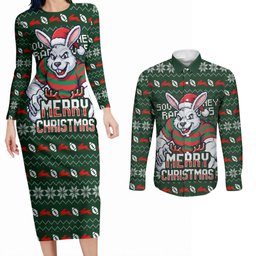 Personalized South Sydney Rabbitohs Christmas Couples Matching Long Sleeve Bodycon Dress and Long Sleeve Button Shirt Australian Rugby Fans - Pixelated Ugly Xmas Pattern Mascot Santa