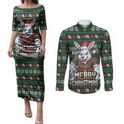 Personalized South Sydney Rabbitohs Christmas Couples Matching Puletasi and Long Sleeve Button Shirt Australian Rugby Fans - Pixelated Ugly Xmas Pattern Mascot Santa