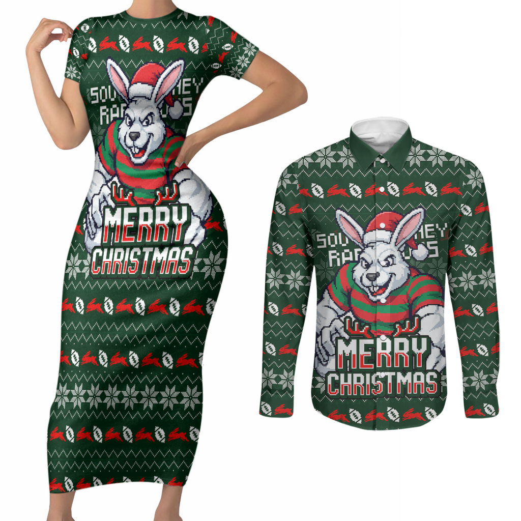 Personalized South Sydney Rabbitohs Christmas Couples Matching Short Sleeve Bodycon Dress and Long Sleeve Button Shirt Australian Rugby Fans - Pixelated Ugly Xmas Pattern Mascot Santa