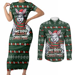 Personalized South Sydney Rabbitohs Christmas Couples Matching Short Sleeve Bodycon Dress and Long Sleeve Button Shirt Australian Rugby Fans - Pixelated Ugly Xmas Pattern Mascot Santa