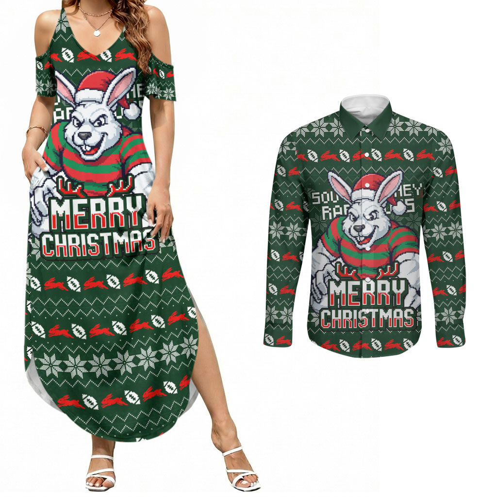 Personalized South Sydney Rabbitohs Christmas Couples Matching Summer Maxi Dress and Long Sleeve Button Shirt Australian Rugby Fans - Pixelated Ugly Xmas Pattern Mascot Santa