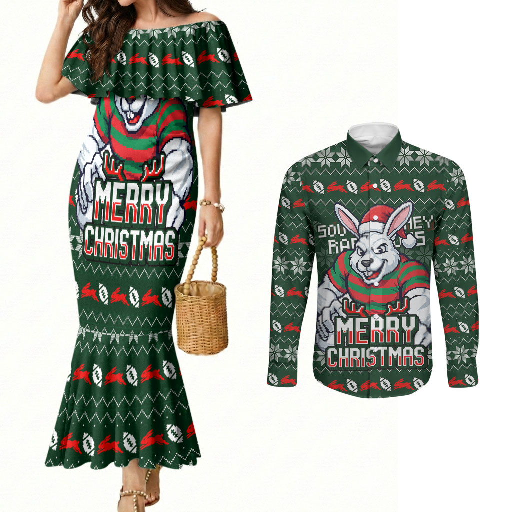 Personalized South Sydney Rabbitohs Christmas Couples Matching Mermaid Dress and Long Sleeve Button Shirt Australian Rugby Fans - Pixelated Ugly Xmas Pattern Mascot Santa