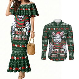 Personalized South Sydney Rabbitohs Christmas Couples Matching Mermaid Dress and Long Sleeve Button Shirt Australian Rugby Fans - Pixelated Ugly Xmas Pattern Mascot Santa