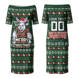 Personalized South Sydney Rabbitohs Christmas Couples Matching Puletasi and Long Sleeve Button Shirt Australian Rugby Fans - Pixelated Ugly Xmas Pattern Mascot Santa