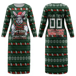 Personalized South Sydney Rabbitohs Christmas Couples Matching Long Sleeve Bodycon Dress and Long Sleeve Button Shirt Australian Rugby Fans - Pixelated Ugly Xmas Pattern Mascot Santa