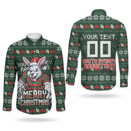 Personalized South Sydney Rabbitohs Christmas Couples Matching Short Sleeve Bodycon Dress and Long Sleeve Button Shirt Australian Rugby Fans - Pixelated Ugly Xmas Pattern Mascot Santa