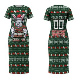 Personalized South Sydney Rabbitohs Christmas Couples Matching Short Sleeve Bodycon Dress and Long Sleeve Button Shirt Australian Rugby Fans - Pixelated Ugly Xmas Pattern Mascot Santa