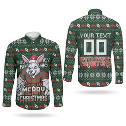 Personalized South Sydney Rabbitohs Christmas Couples Matching Mermaid Dress and Long Sleeve Button Shirt Australian Rugby Fans - Pixelated Ugly Xmas Pattern Mascot Santa