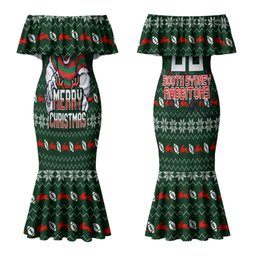 Personalized South Sydney Rabbitohs Christmas Couples Matching Mermaid Dress and Long Sleeve Button Shirt Australian Rugby Fans - Pixelated Ugly Xmas Pattern Mascot Santa