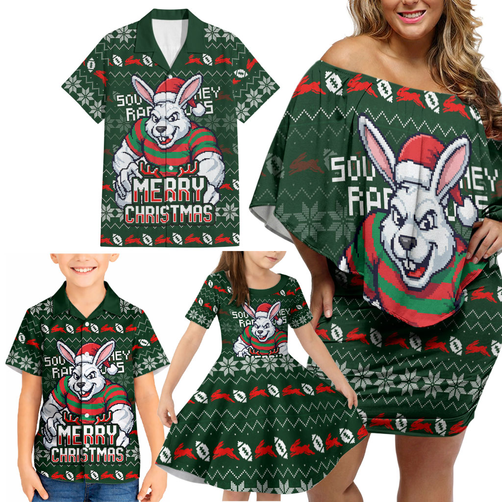 Personalized South Sydney Rabbitohs Christmas Family Matching Off Shoulder Short Dress and Hawaiian Shirt Australian Rugby Fans - Pixelated Ugly Xmas Pattern Mascot Santa